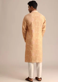 Yellow Silk Kurta Set With Printed Work