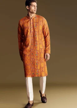 Yellow Silk Kurta Set With Thread Embroidery And Sequin Accents
