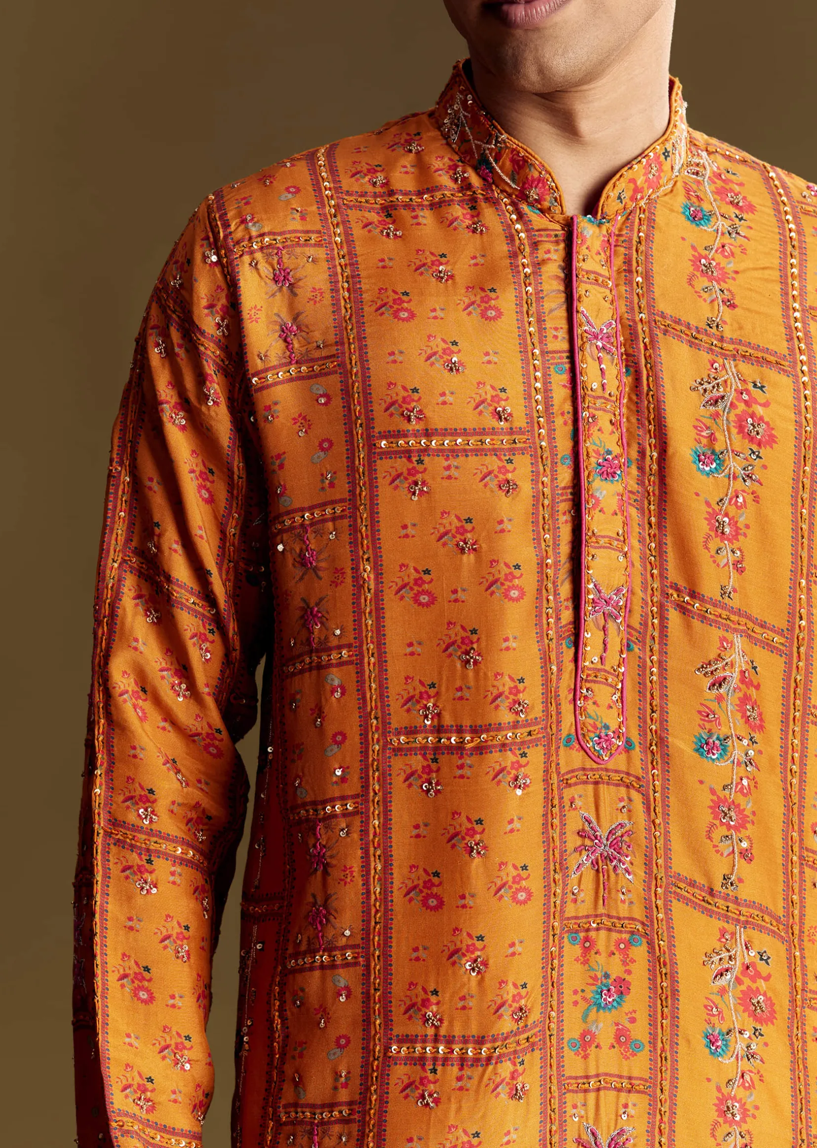 Yellow Silk Kurta Set With Thread Embroidery And Sequin Accents