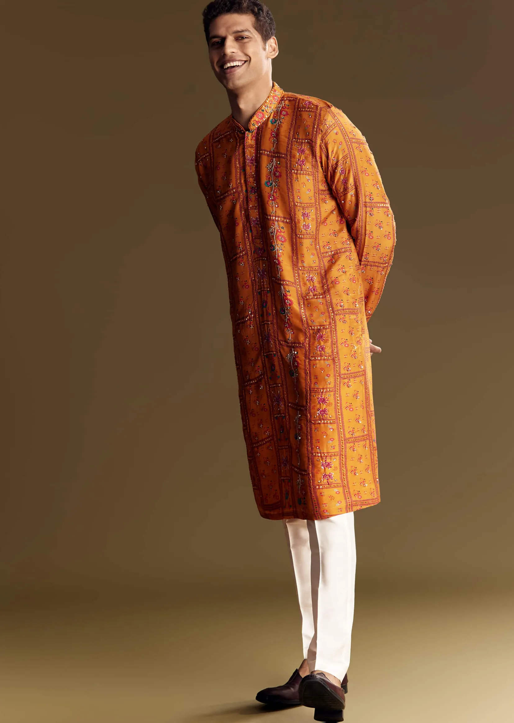Yellow Silk Kurta Set With Thread Embroidery And Sequin Accents