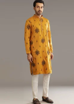 Yellow Silk Kurta Set With Artistic Print