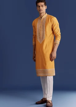 Yellow Silk Kurta Set With Yoke Thread And Mirror Work