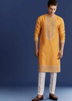Yellow Silk Kurta Set With Yoke Thread And Mirror Work