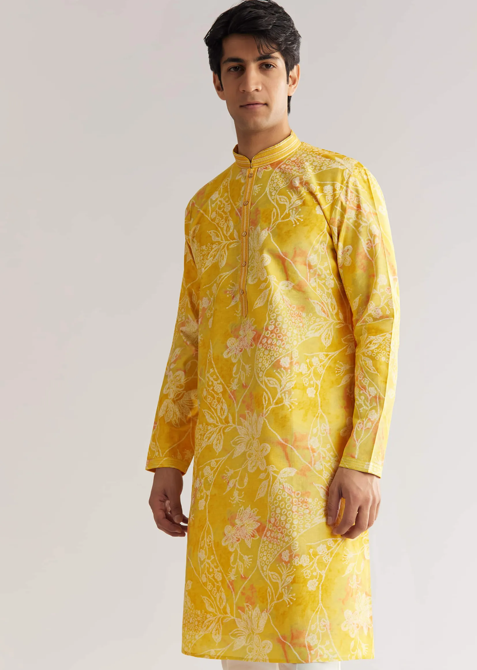 Yellow Silk Kurta Set With Floral Prints