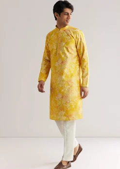 Yellow Silk Kurta Set With Floral Prints