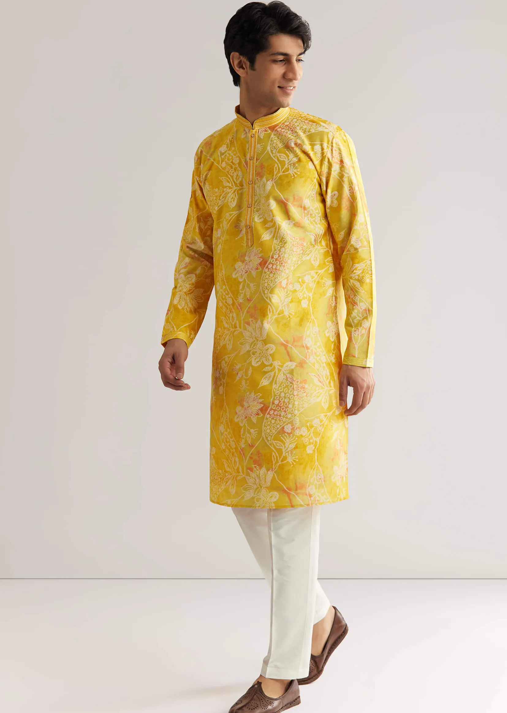 Yellow Silk Kurta Set With Floral Prints