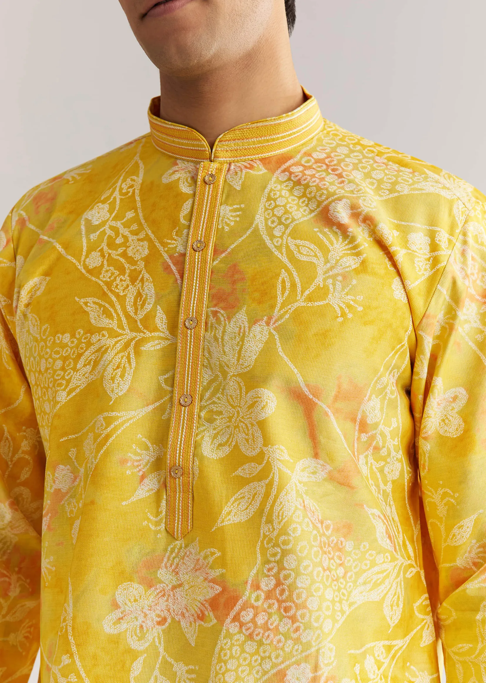 Yellow Silk Kurta Set With Floral Prints