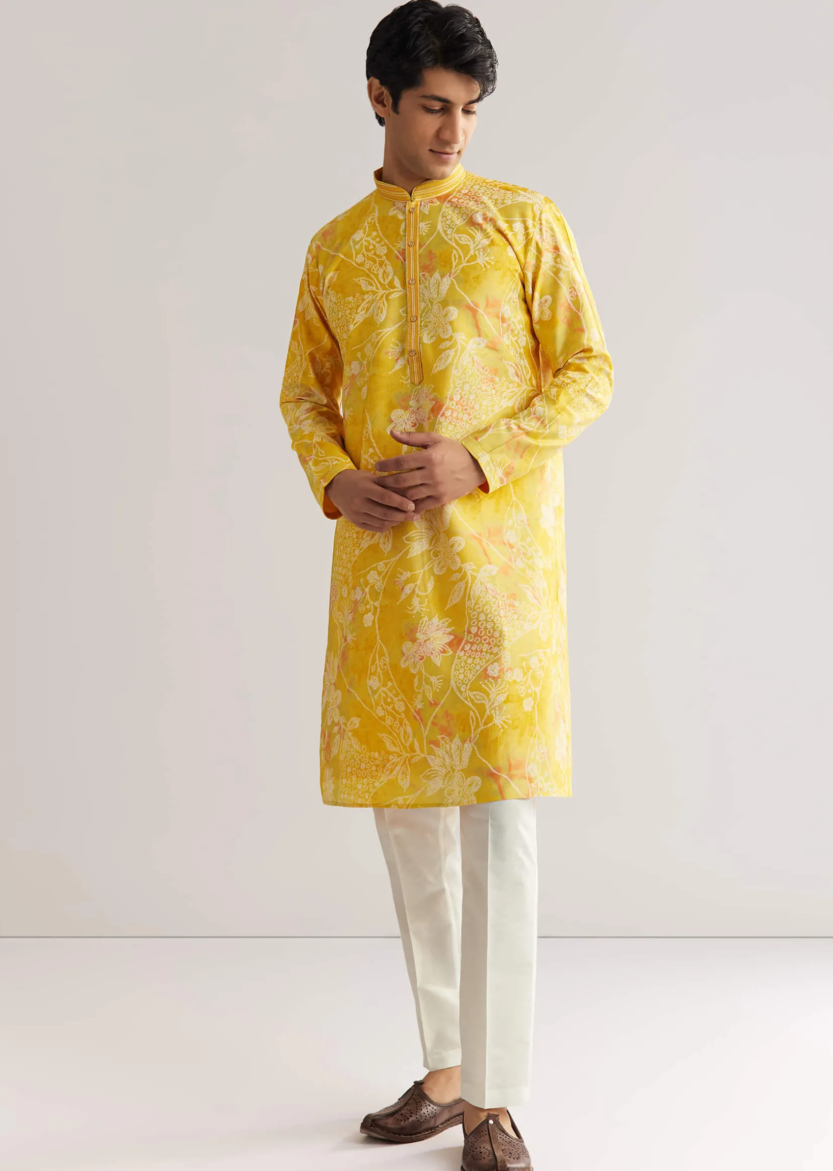 Yellow Silk Kurta Set With Floral Prints