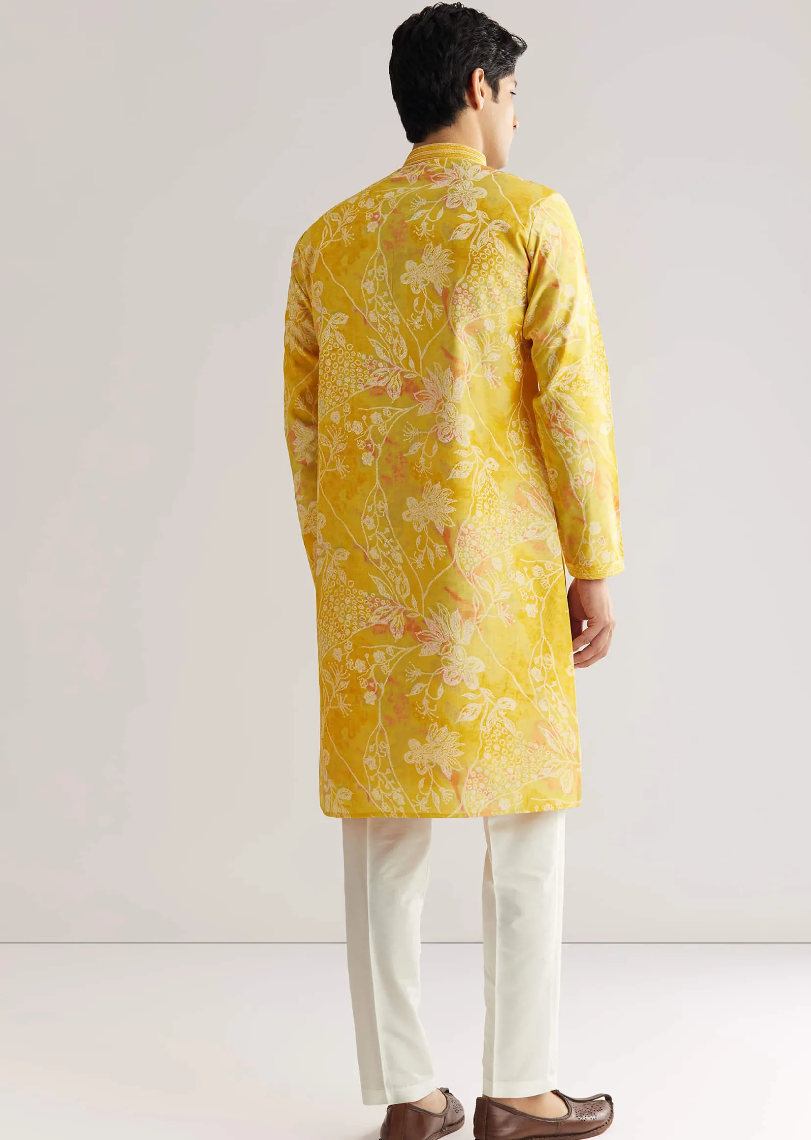 Yellow Silk Kurta Set With Floral Prints