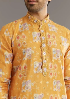 Yellow Silk Kurta Set With Print Work