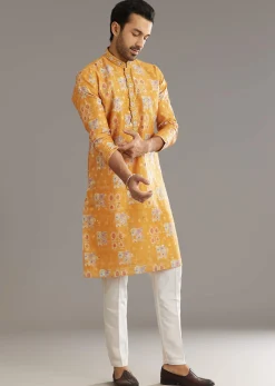 Yellow Silk Kurta Set With Print Work