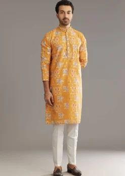 Yellow Silk Kurta Set With Print Work