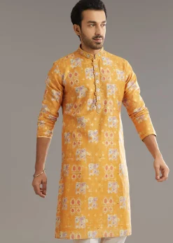 Yellow Silk Kurta Set With Print Work