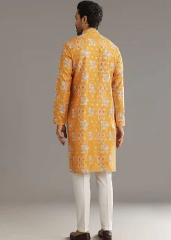 Yellow Silk Kurta Set With Print Work