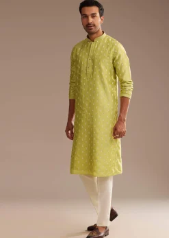 Yellow Silk Kurta Set With Embroidery
