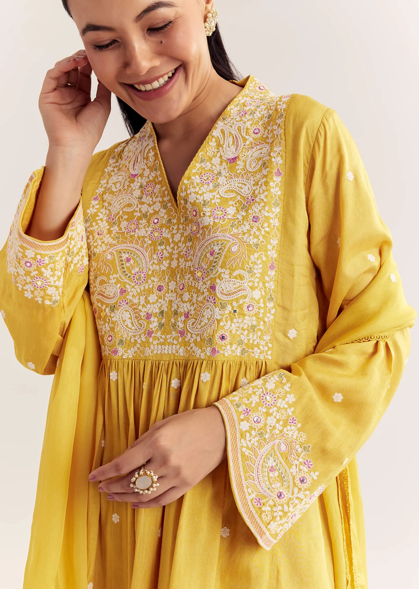Yellow Silk Kurta Set With Thread Work And Organza Dupatta