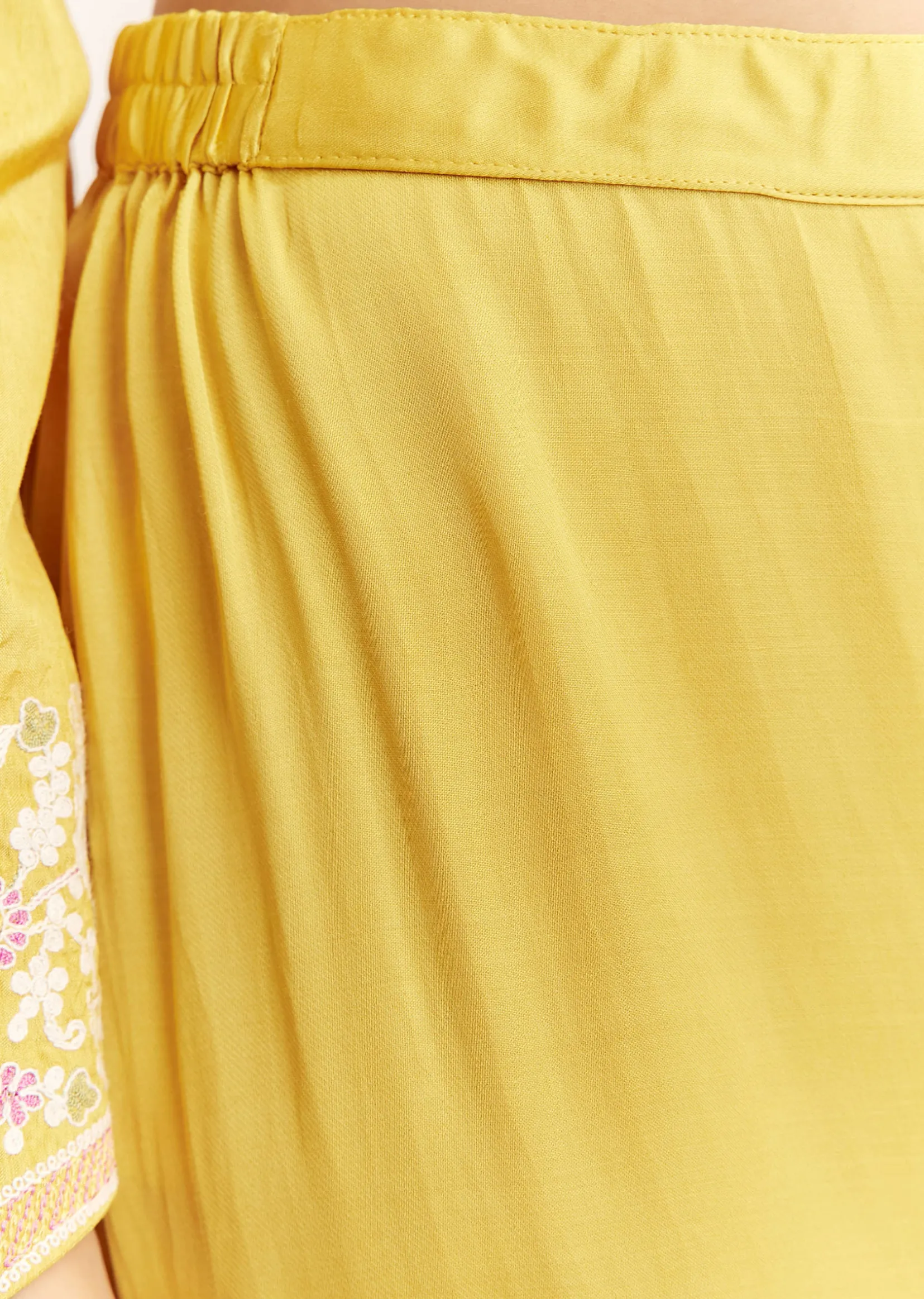 Yellow Silk Kurta Set With Thread Work And Organza Dupatta