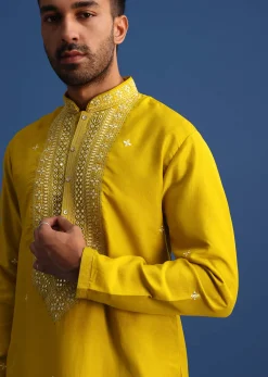 Yellow Silk Kurta Set With Mirror Embroidery