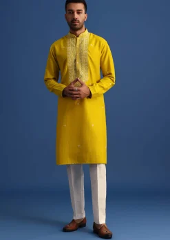 Yellow Silk Kurta Set With Mirror Embroidery