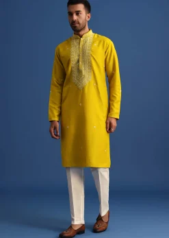 Yellow Silk Kurta Set With Mirror Embroidery