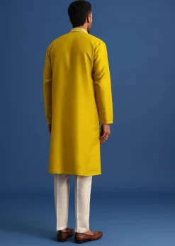 Yellow Silk Kurta Set With Mirror Embroidery