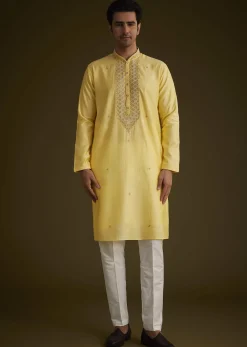 Yellow Silk Kurta Set With Resham Embroidery