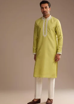 Yellow Silk Kurta Set With Yoke Embroidery