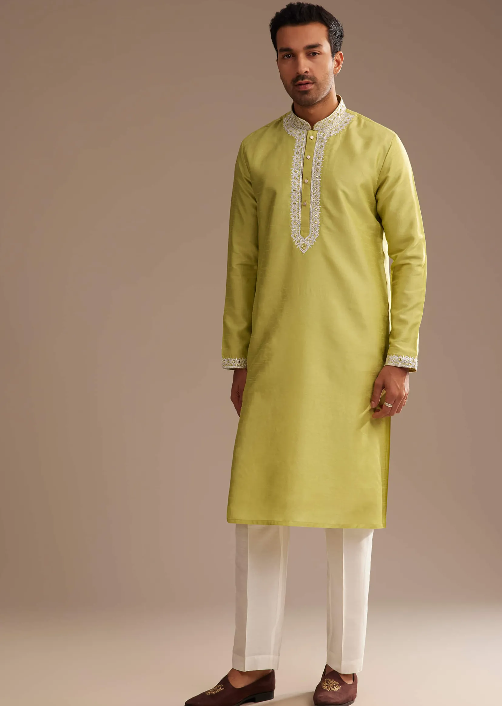 Yellow Silk Kurta Set With Yoke Embroidery