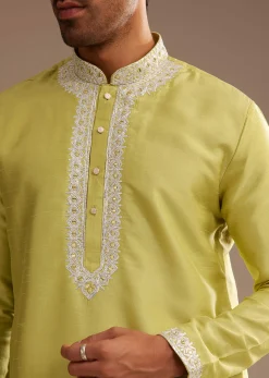 Yellow Silk Kurta Set With Yoke Embroidery