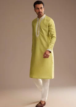 Yellow Silk Kurta Set With Yoke Embroidery