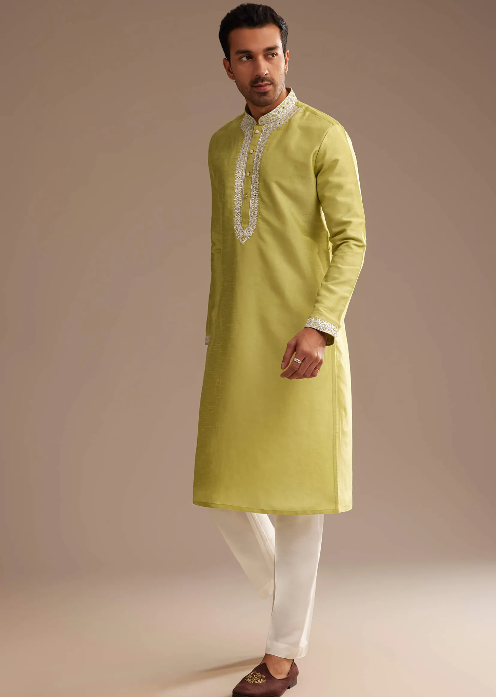 Yellow Silk Kurta Set With Yoke Embroidery