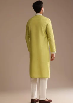 Yellow Silk Kurta Set With Yoke Embroidery