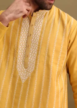 Yellow Silk Kurta Set With Resham Work For Men
