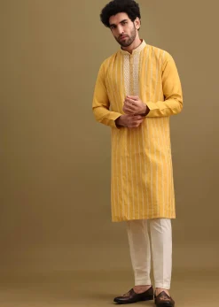 Yellow Silk Kurta Set With Resham Work For Men
