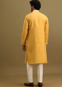 Yellow Silk Kurta Set With Resham Work For Men