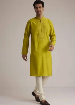Yellow Silk Kurta With Thread Embroidery