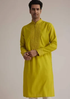 Yellow Silk Kurta With Thread Embroidery
