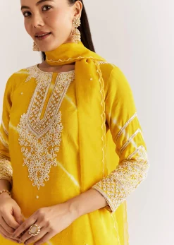 Yellow Silk Leheriya Kurta Set With Moti Work