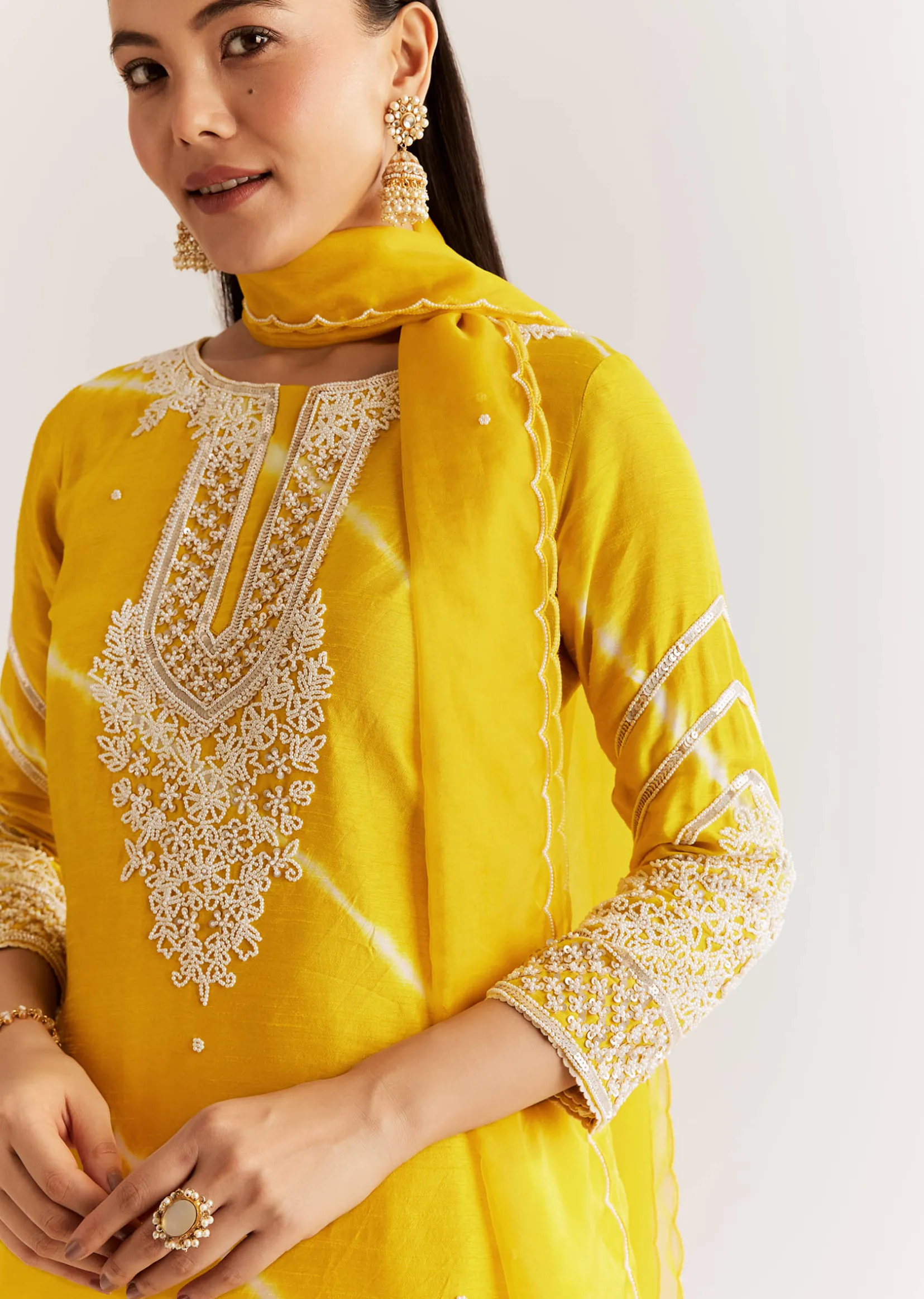 Yellow Silk Leheriya Kurta Set With Moti Work