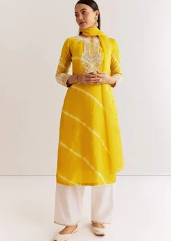 Yellow Silk Leheriya Kurta Set With Moti Work