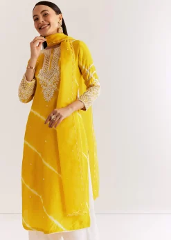 Yellow Silk Leheriya Kurta Set With Moti Work