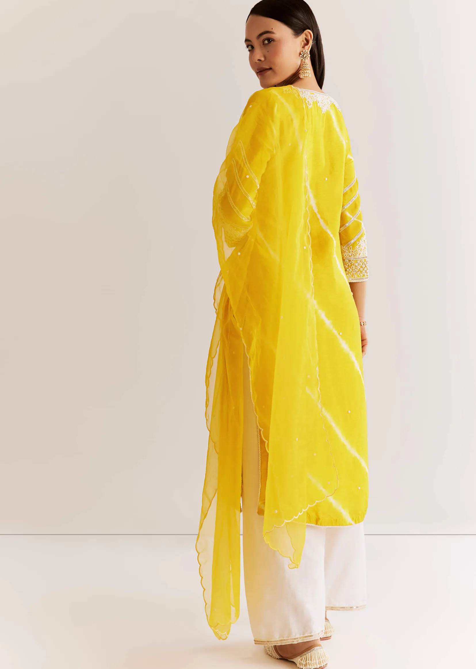 Yellow Silk Leheriya Kurta Set With Moti Work