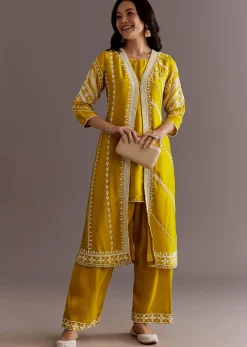 Yellow Silk Moti Sequin Embroidered Jacket Suit