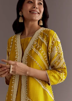 Yellow Silk Moti Sequin Embroidered Jacket Suit