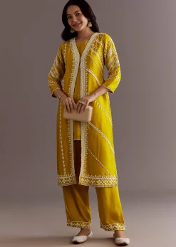 Yellow Silk Moti Sequin Embroidered Jacket Suit