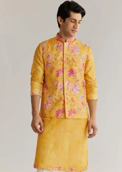 Yellow Silk Stone Sequins Cutdana Kurta Jacket Set