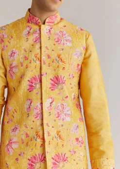 Yellow Silk Stone Sequins Cutdana Kurta Jacket Set