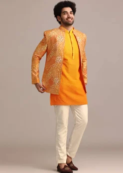 Yellow Silk Thread Resham Work Jodhpuri Kurta Set