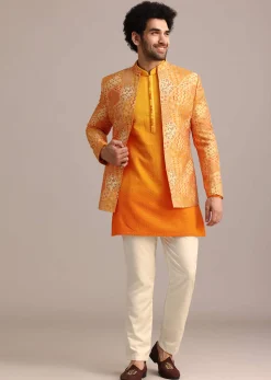 Yellow Silk Thread Resham Work Jodhpuri Kurta Set
