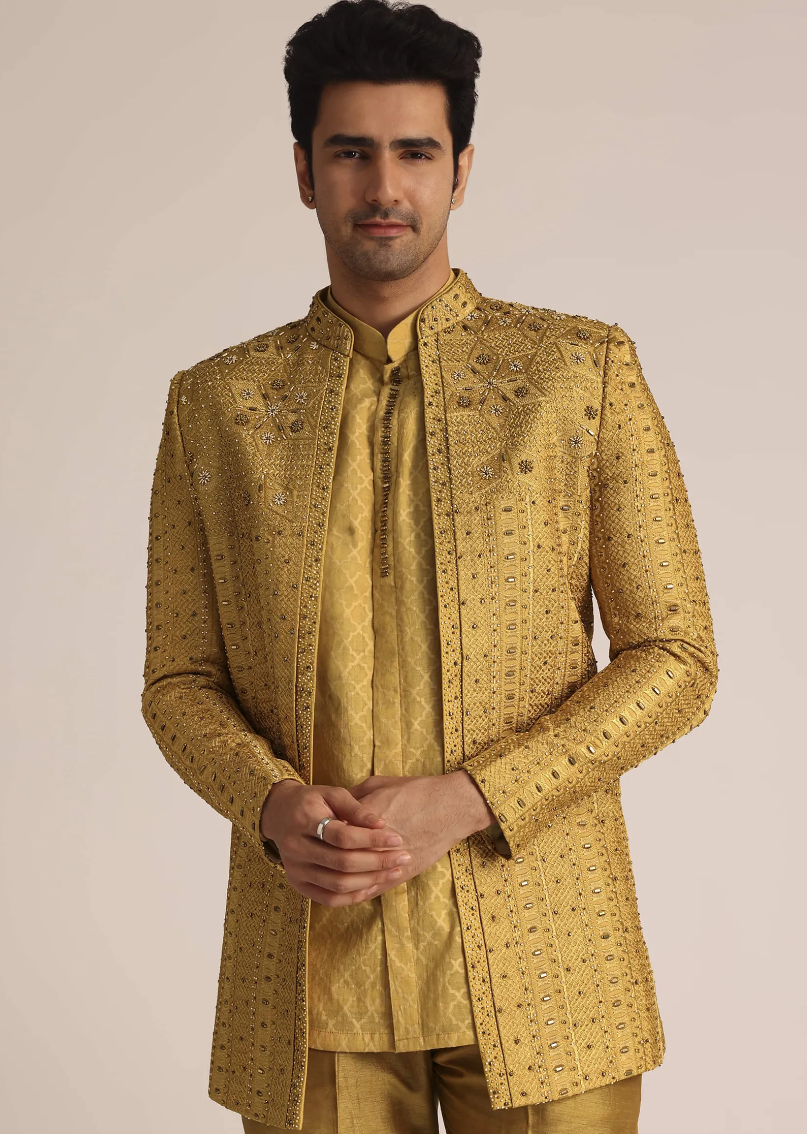 Yellow Silk Zardosi Indowestern Set